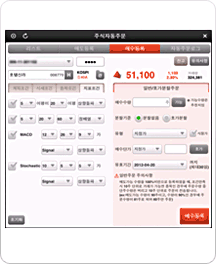 한화투자증권 Smart T 의 스마트폰 서버자동주문 주요화면 중 지표조건화면입니다.